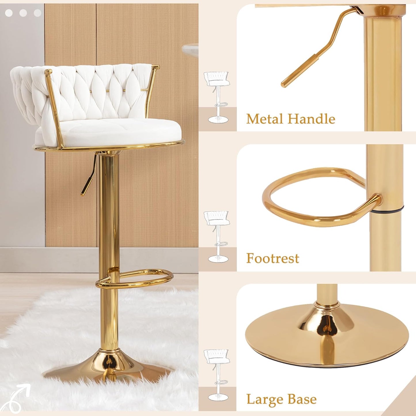 VECELO Bar Stools Set of 2, Adjustable Barstools Counter Height Stools with Back and Arm, Velvet Woven Kitchen Island Stools w/Gold Metal Leg & Base, 360° Swivel Bar Chair for Pubs Dining Room, White