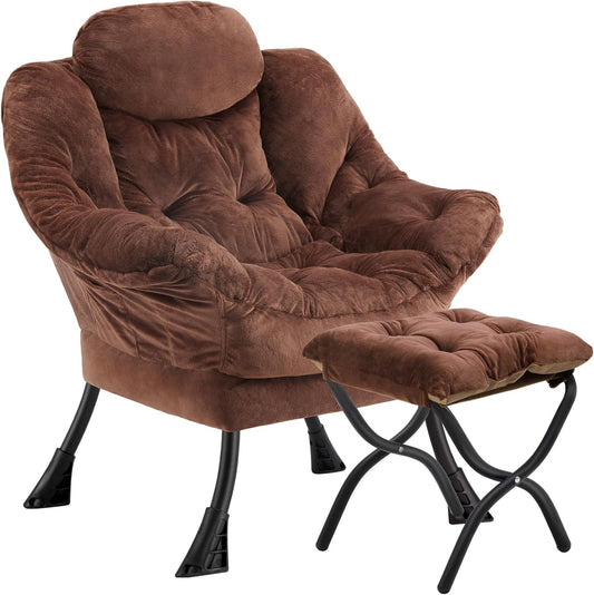 Lazy Chair with Folding Ottoman,Leisure Sofa Chair,Soft Fabric Armchair with Armrests and Side Pockets, Reading Chair with Footrest for Living Room, Bedroom, Office (Plush Dark Brown)