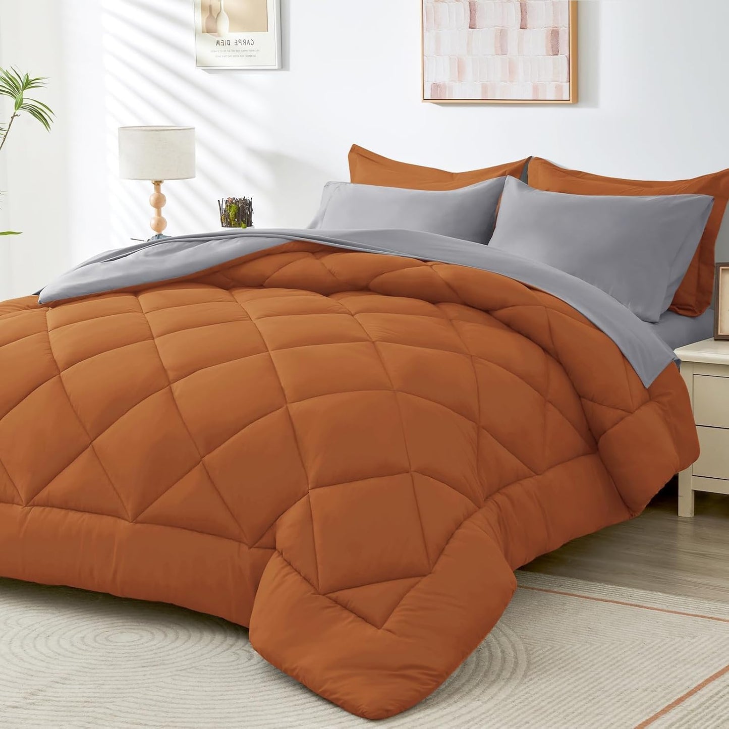 HEVUMYI Cali-King Comforter Set - 7-Piece All Season Bed in a Bag Cali-King, Ultra Soft Bedding Set with Comforter, Flat Sheet, Fitted Sheet, Pillowcases, Pillow Shams, Orange & Light Grey