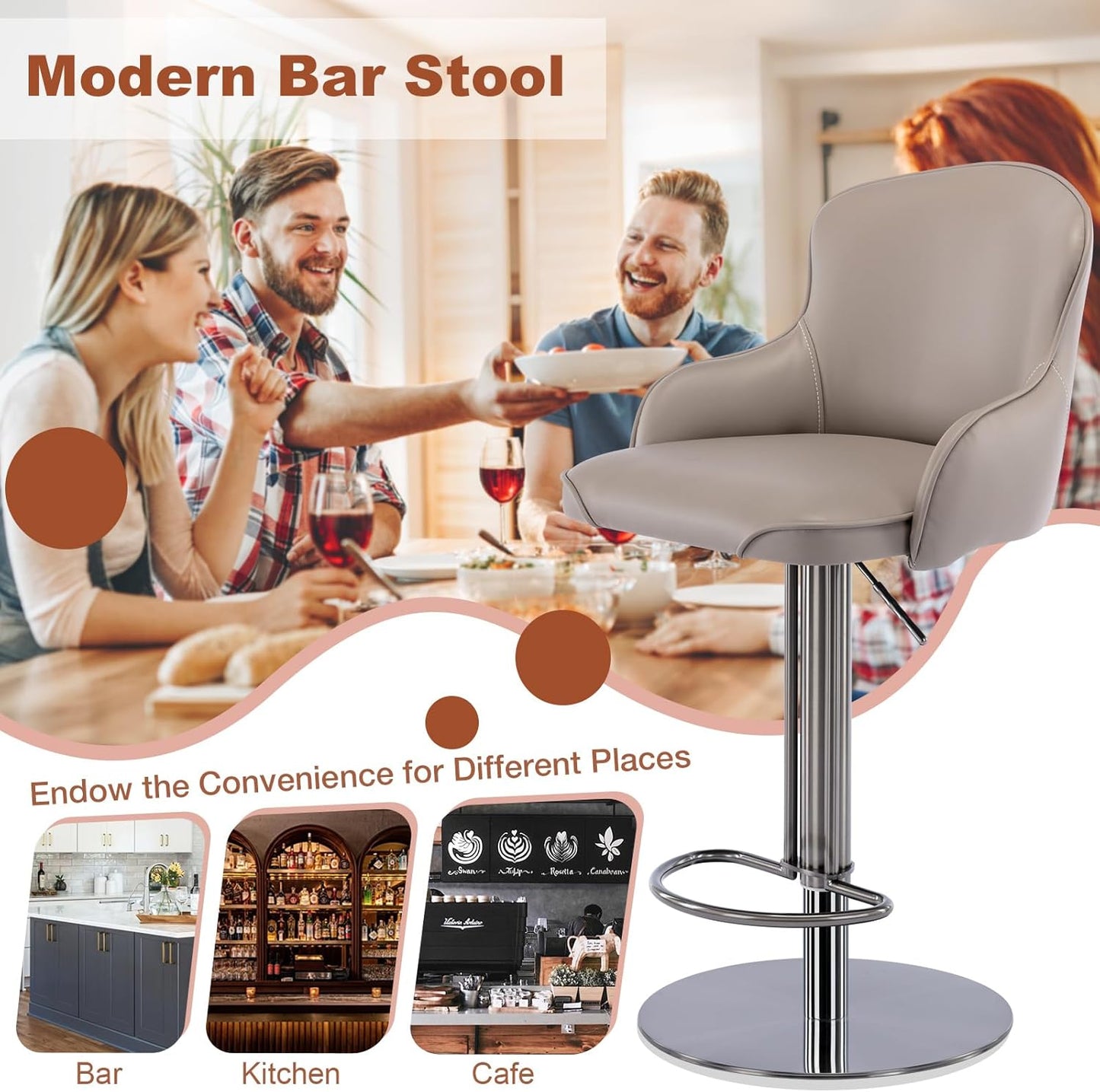 CozyRain Bar Stools Adjustable Stainless Steel Swivel Barstool with Back and Footrest,Modern Leather Upholstered Bar Chairs for Home,Kitchen,Bar, Counter Orange/Grey (2pcs Grey)