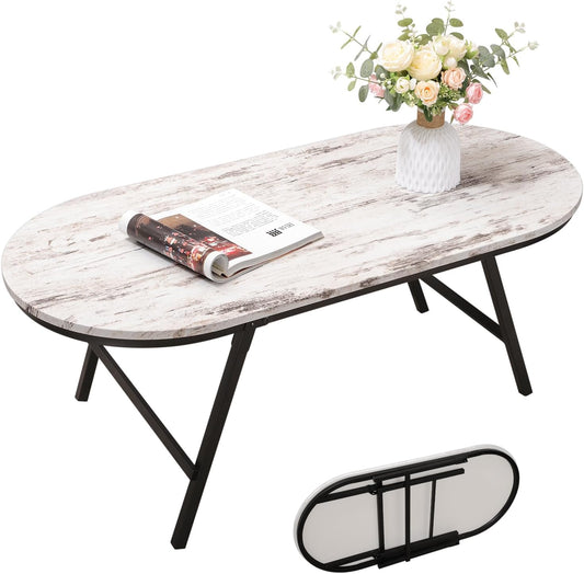 Folding Small Coffee Table Wood Low Coffee Tables with Metal Legs Portable Oval Center Table Rustic Farmhouse Furniture for Living Room Small Spaces Apartment