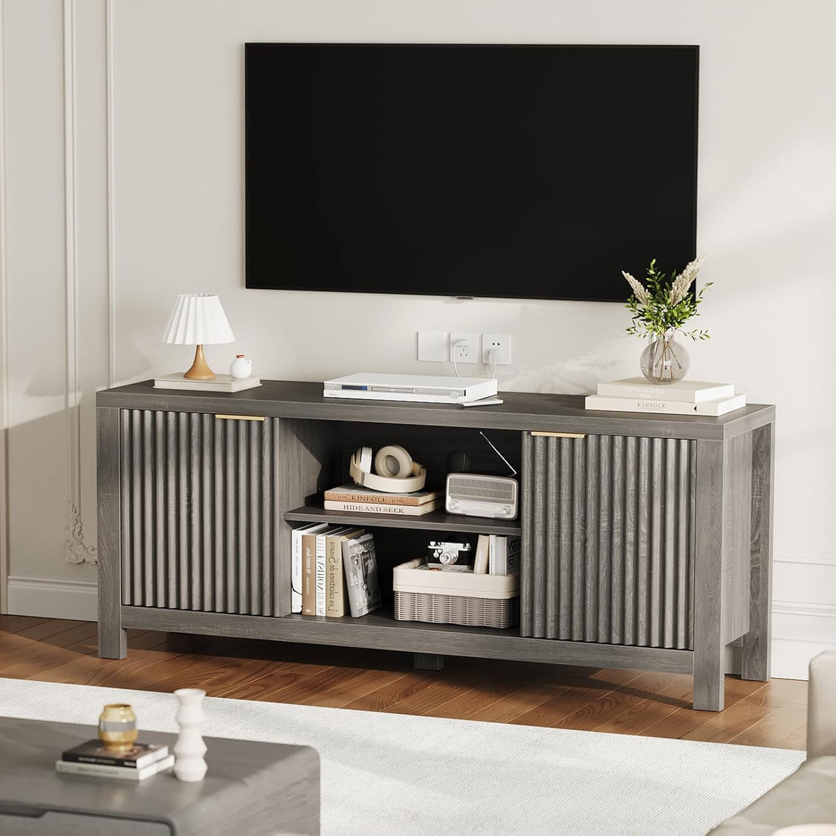 59" TV Stand for TVs Up to 65 Inches, Mid Century Modern TV Entertainment Center with Storage Cabinets & Open Shelves, Wood TV Cabinet for Living Room, Gray Oak