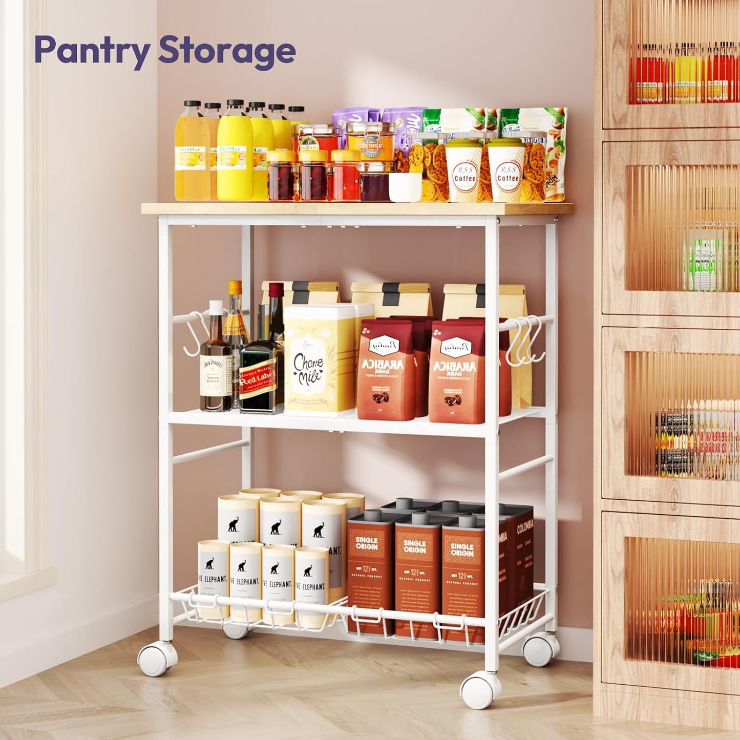 SWTYMIKI Rolling Kitchen Microwave Cart - 3 Tier Microwave Table Stand with Storage Basket and Hooks, Kitchen Utility Cart on Wheels, Coffee Cart Shelf Rack Organizer for Living Room Office, Balcony