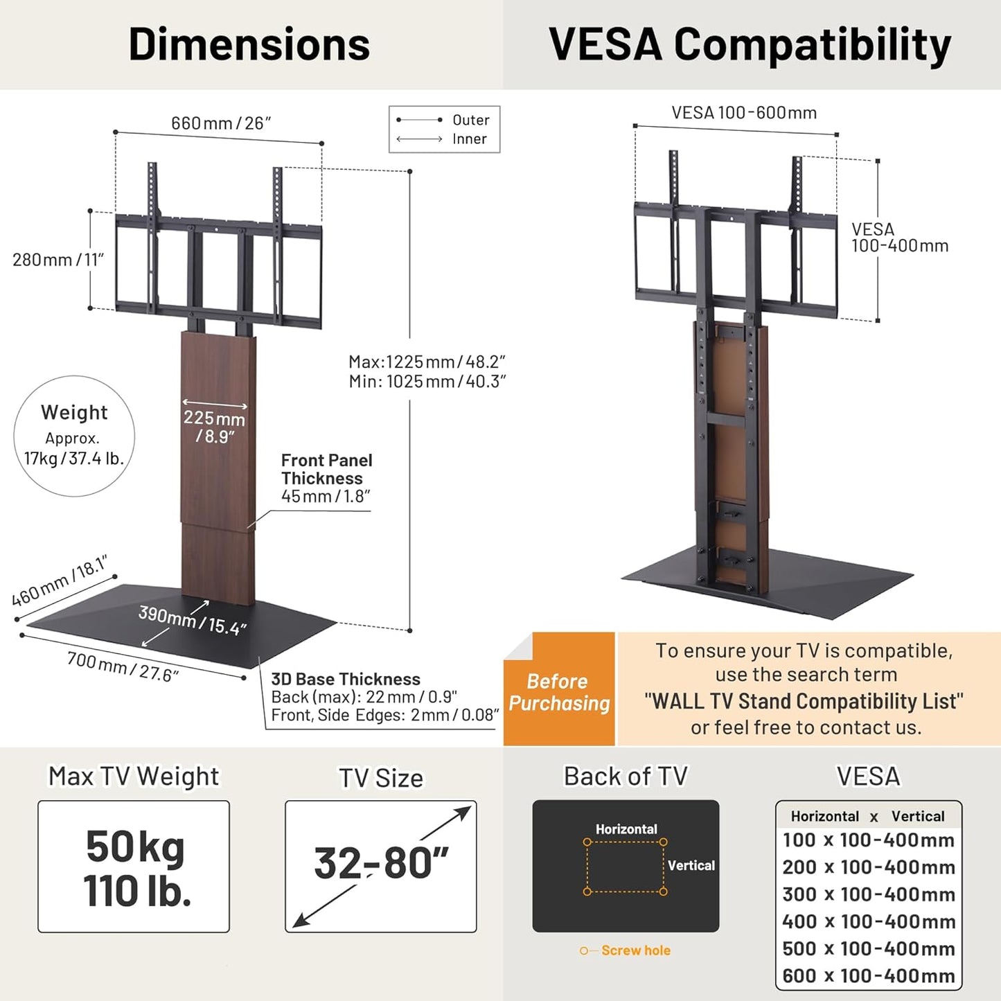 WALL V3 Low Type | Sleek Japanese 32-80 Inch Universal Side TV Stand Adjustable Mount, No Drill | White Oak