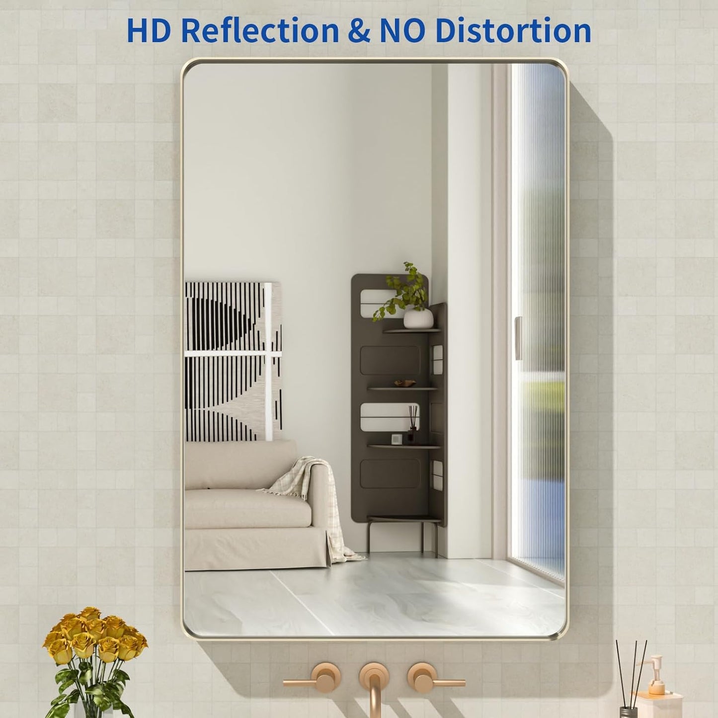 WEER 24X36 Inch Brushed Nickel Bathroom Mirror, Brushed Silver Metal Frame Mirror, Rounded Rectangle Silver Bathroom Vanity Mirror, Tempered Glass, Anti-Rust, Hangs Horizontally or Vertically