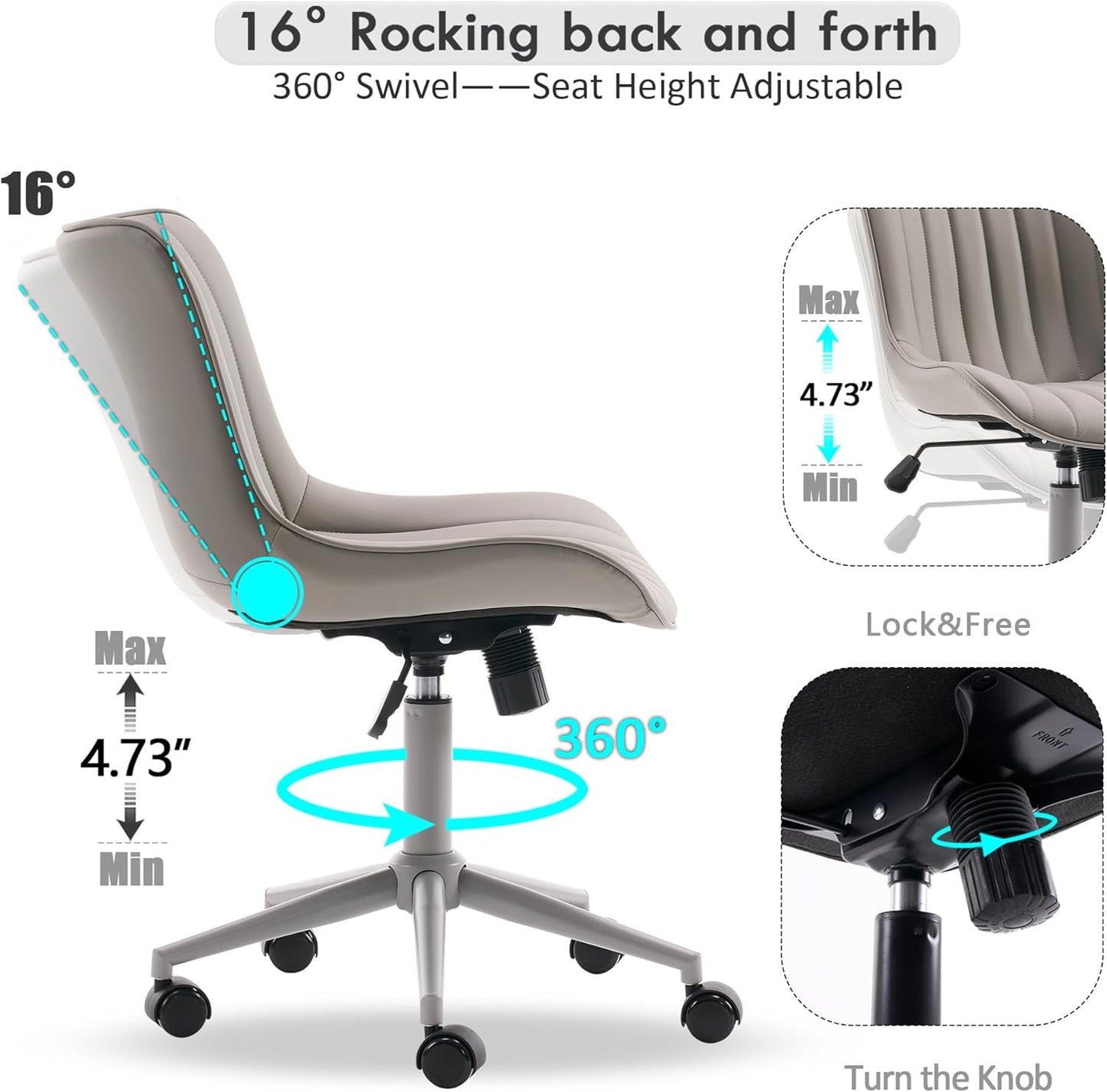 YOUNIKE Home Office Desk Chair with Wheels Armless Vanity Chair with Back Comfy Modern Leather Upholstered Rolling Task Chair Swivel Small Cute Sewing Chair No Arms Wide Adjustable Ergonomic Grey
