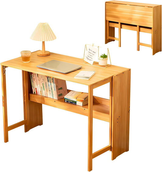 Folding Desk with Bookshelf, 40.6 Inch Computer Table Space Saving, Small Foldable Student Writing Desk for Home Bedroom Study Office Bamboo Wooden Workstation, Wood Color (41×21IN)
