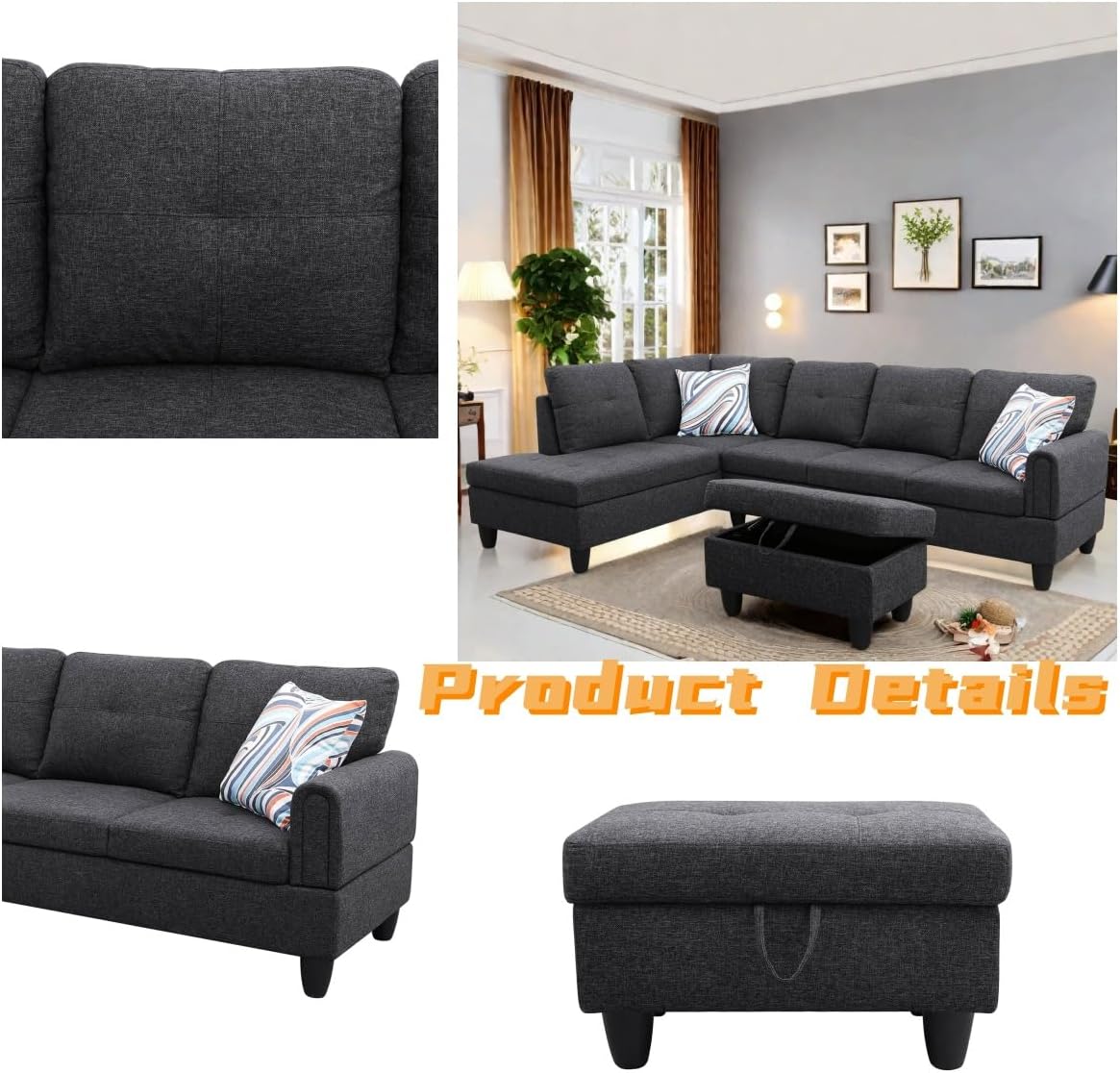 L Shaped Sectional Couch with Otttoman, 97" Sectional Sofa for Living Room Flannel Modular Couches with Cup Holders for Bedroom, Apartments, Black Grey