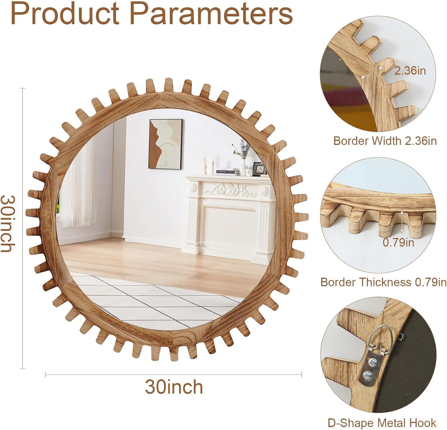 ULIKE Round Wood Mirror, 30 Inch Rustic Farmhouse Circle Mirror with Wooden Frame, Mordern Wall Decor for Bathroom Nursery Bedroom Living Room Entryway, Brown
