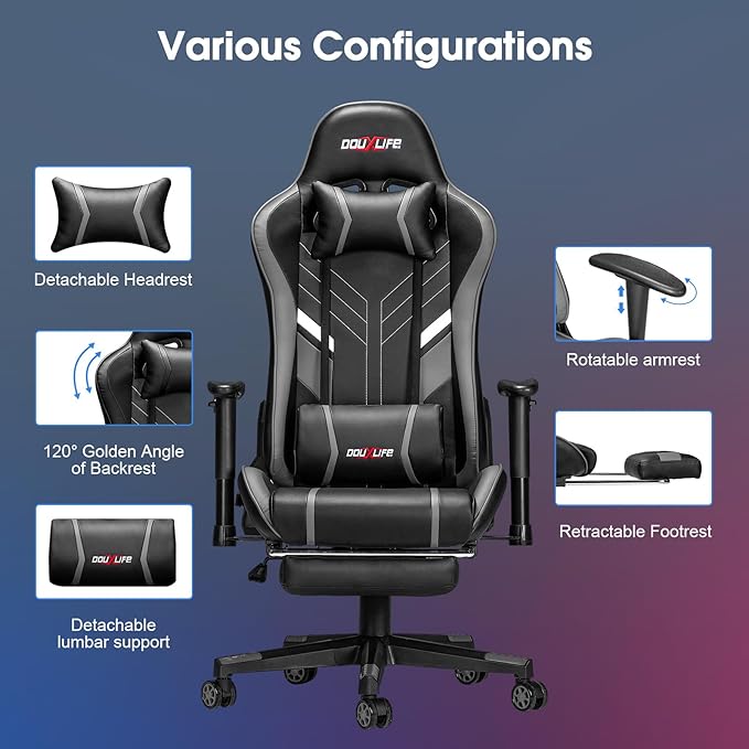Douxlife 7-Point Massage Gaming Chair, 175° Gaming Recliner with Footrest Ergonomic Computer Office Chair High Back Video Game Chair with Lumbar Support, Upgraded Versio Grey
