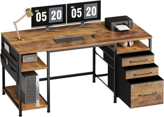 Ｍａｉｈａｉｌ 59" Computer Desk with 3 Fabric Drawers and Wooden Shelves for Home Office, Study, Bedroom, Work-from-Home Games & Desk, Rustic Brown