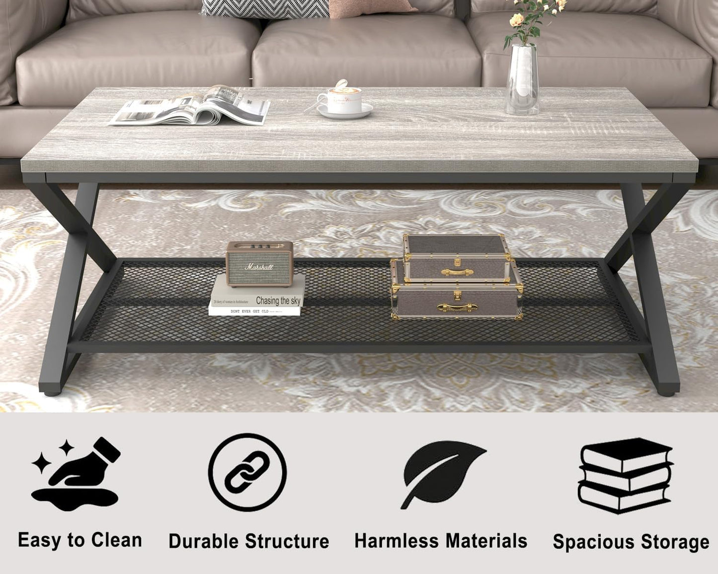 LVB Gray Coffee Table, Farmhouse Wood Metal Center Table with Storage for Living Room, Industrial Wooden 2 Tier Rectangle Cocktail Tea Table with Mesh Shelf for Office Bedroom, 47 inch, Light Grey Oak
