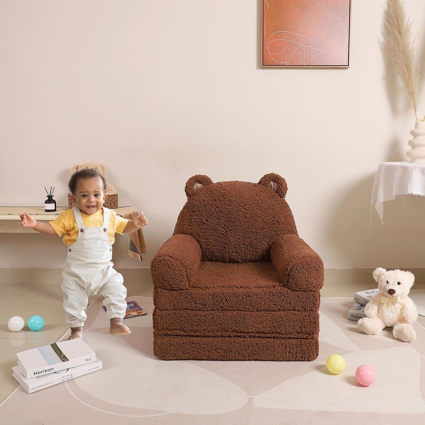 Foldable Kids Sofa, Sherpa Teddy Bear Toddler Couch with Tri Folding Foam Cushions, Comfy Couch for Kids Age 18 Months and Up