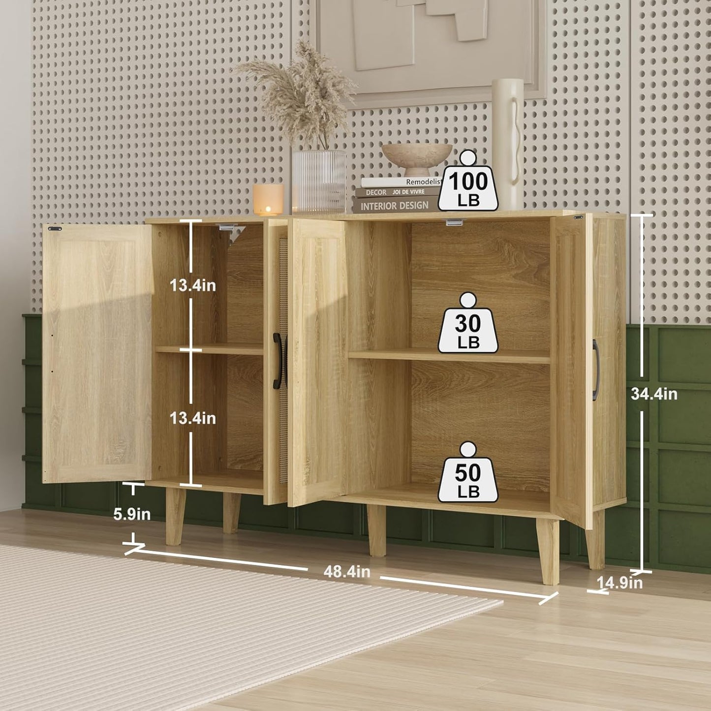 Storage Cabinet with Rattan Trim - 4 Door Sideboard Buffet Cabinet with Storage and Shelves for Bathroom, Coffee Bar, Kitchen, Living Room, Hallway (Natural Wood)