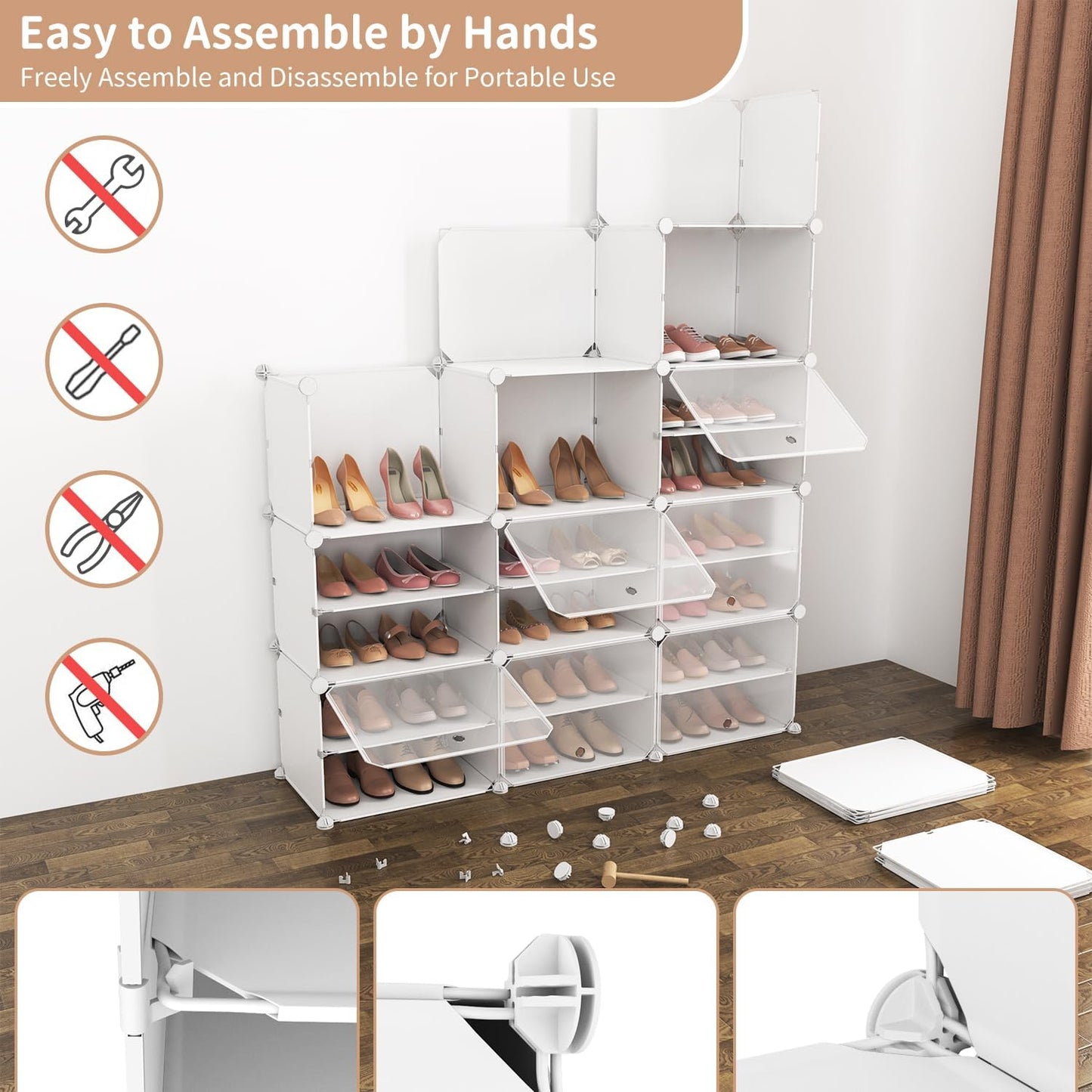 ROJASOP Portable Shoe Rack Organizer with Door, 72 Pairs White Shoe Storage Cabine Covered Shoe Rack Shoe Organizer for Closet Entryway Garage Closed Shoe Rack Organizer Cabinet with Doors
