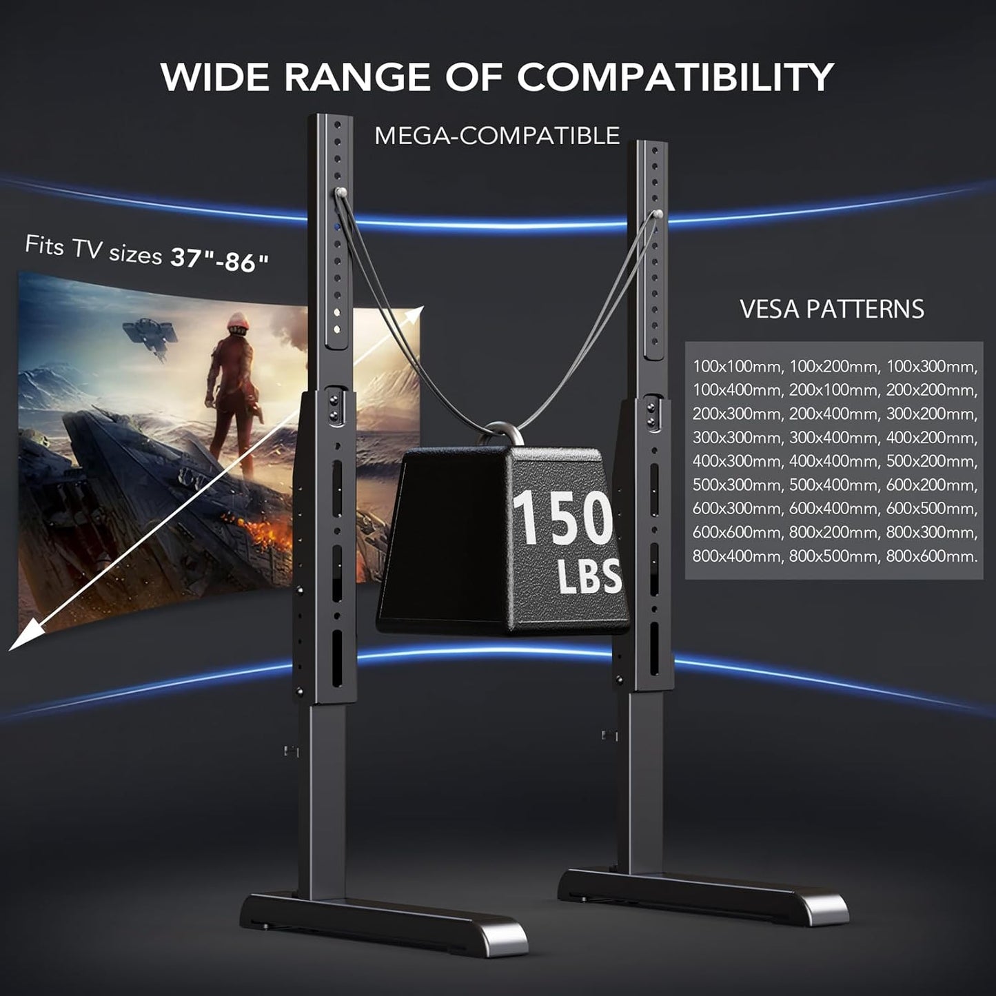 AX WABER Universal TV Stand,Table Top TV Stand Base Replacement for Most 37 to 86 Inch LCD LED TVs, 7 Height Adjustable Legs with Cable Management Hold up to 150lbs, Max VESA 800x600mm, Black AX10TB01