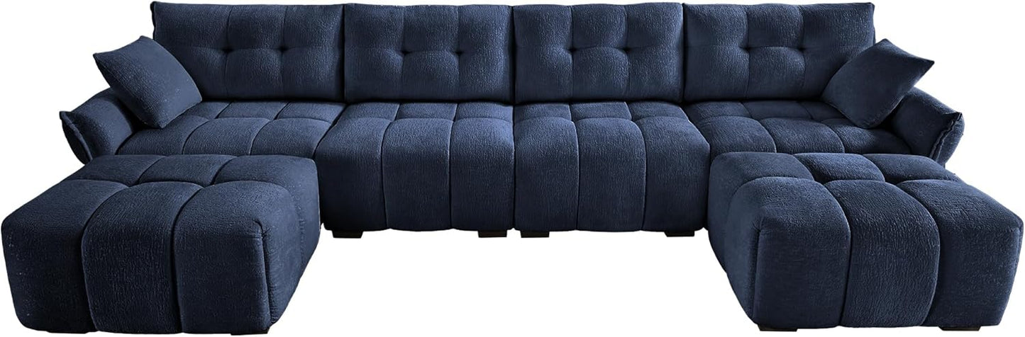 Modern Chenille Fabric 4-Seat Sofa w/Two Ottoman+2 Pillows, Premium Upholstery Living Room Couch with Tufted Backrest & Comfortable Armrests and High-Resilience Memory Foam Cushions,Blue