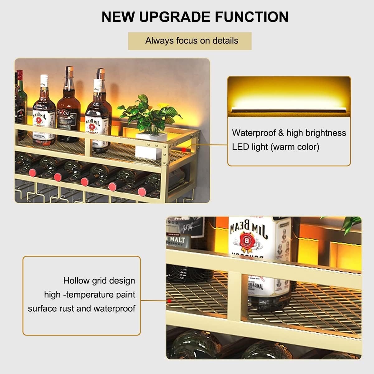 Pengfei LED Wine Rack Wall Mounted, Industrial Metal Wall Wine Shelf & Glass Holder, Large Floating Shelves Wine Bottle Storage Display Rack for Home Bar Dining Room Decor,Gold