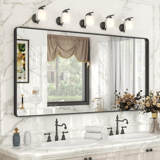 60x28 Black Bathroom Wall Mirror, Black Matal Framed Mirror, Matte Rectangle Bathoom Vanity Mirror, Anti-Rust, Shatterproof, Hangs Vertically or Horizontally