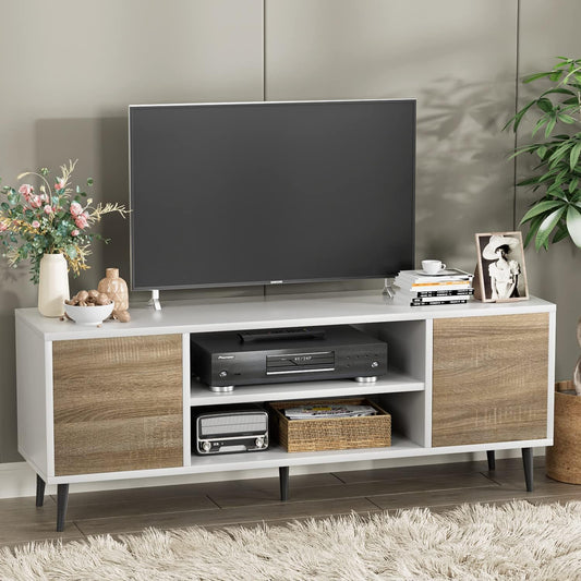 YESHOMY Modern TV Stand for 65" Television, Entertainment Center with Two Storage Cabinets and Open Shelves, Retro Style Media Console for Living Room, Bedroom, Office, 58 Inch, White and Oak