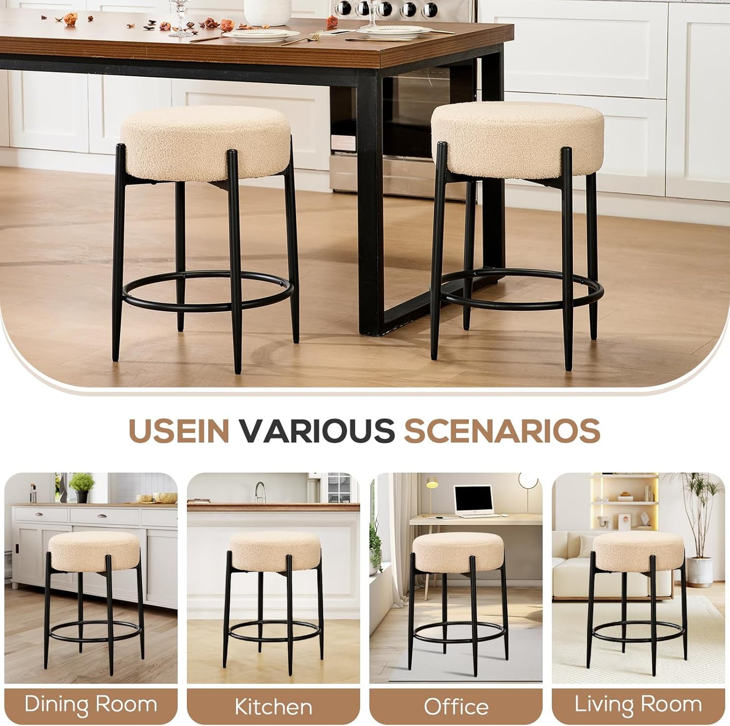 Modern Dining Chairs Set of 4, 23.6" Beige Round Backless Boucle Sherpa Upholstered Dining Chair with Solid Metal Legs for Kitchen, Living Room