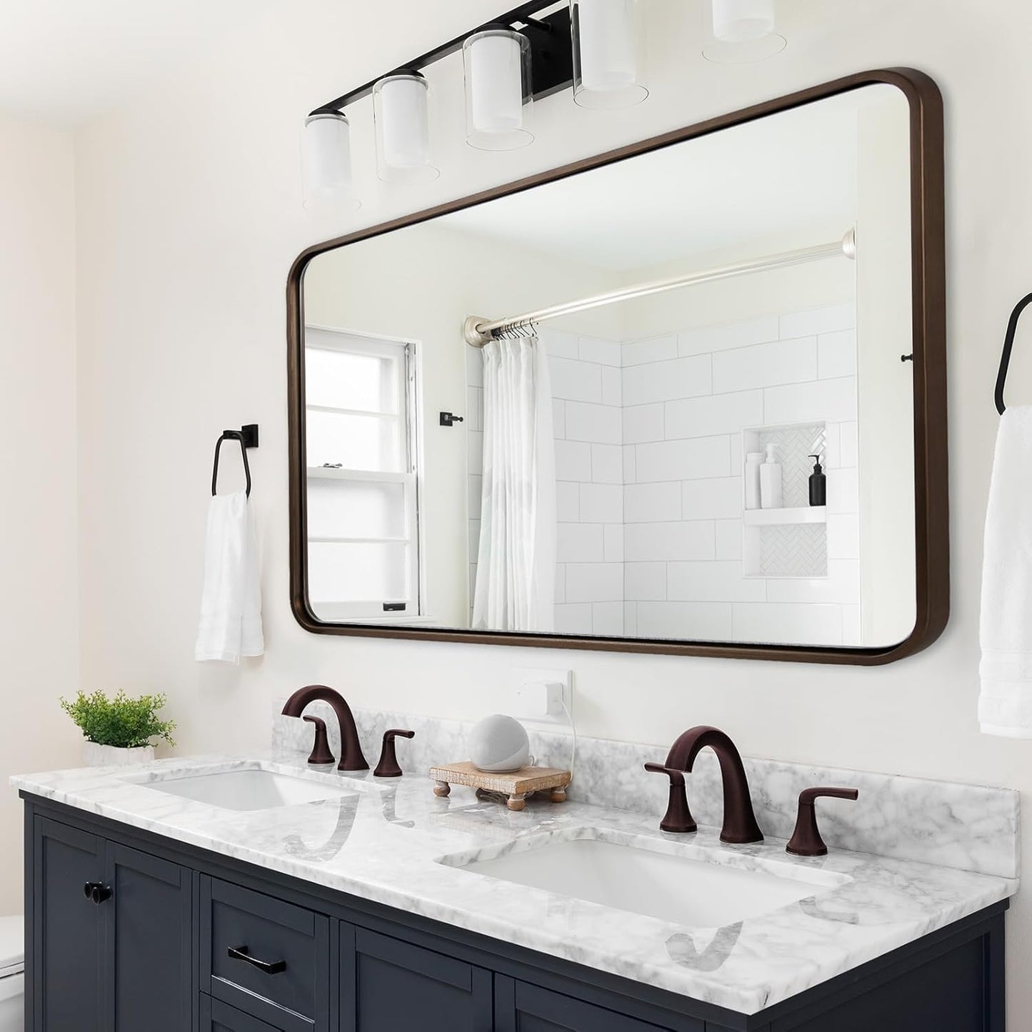 ANDY STAR 48x32 Inch Bronze Bathroom Mirror, Rounded Rectangle Oil Rubbed Bronze Mirrors for Bathroom,Tube Metal Framed, 1’’ Deep Wall Mounted Vertically/Horizontal