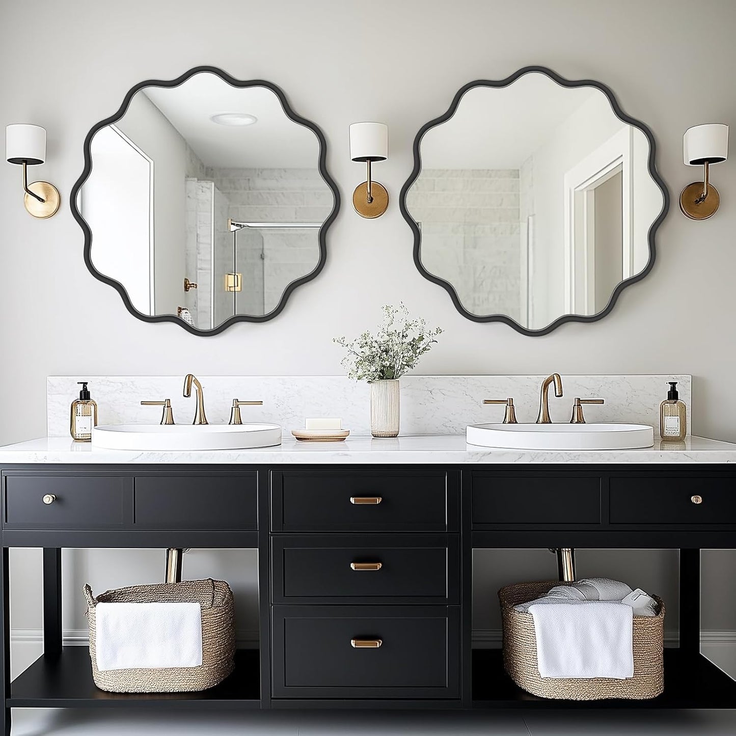 PROHOMEWARE Black Round Mirror 30 Inch Wavy Bathroom Vanity Mirror Black Frame Modern Wall Mirror Decorative Wall-Mounte Anti-Rust, Tempered Glass