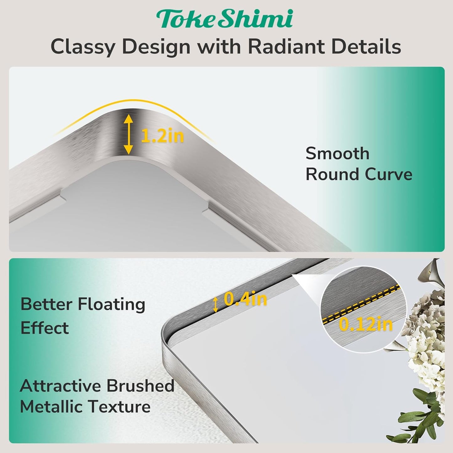 TokeShimi 24x36 Brushed Nickel Bathroom Mirror,Wall Mirror for Bathroom with Tempered Glass,Nickel Bathroom Vanity Mirror for Over Sink,Aluminum Framed Mirror(Horizontal/Vertical)