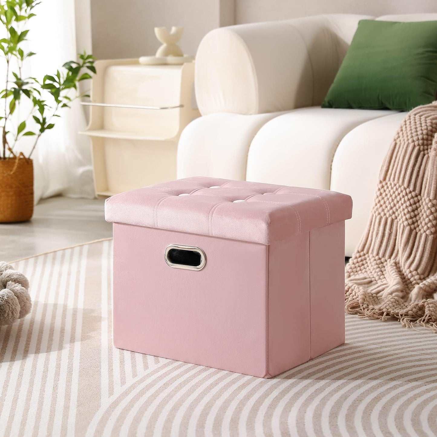 PRANDOM Ottoman with Storage [1-Pack] Velvet Folding Small Square Foot Stool with Lid for Living Room Bedroom Coffee Table Dorm Pink 17x13x13 inches