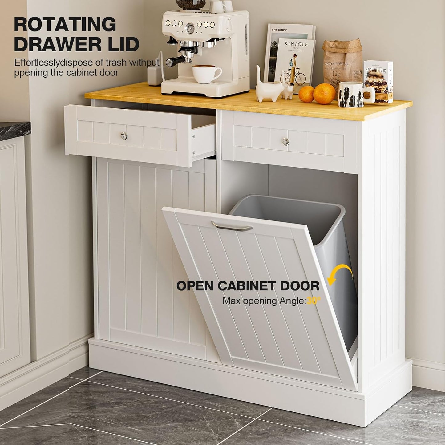 GAZHOME 20 Gallon Double Tilt Out Wooden Trash Cabinet with Charging Station, Upgrade Free Standing Recycling Cabinet with Outlet,White