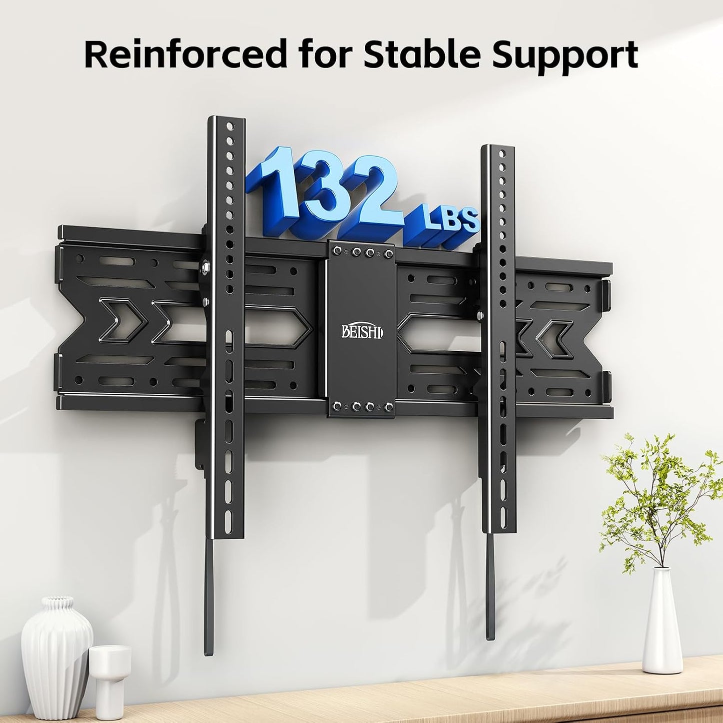 TV Wall Mount with Tilt for 32-85 Inch TVs, Low Profile Design, Holds up to 132 lbs, Space-Saving Design for 16/18/24 Inch Wood Studs, Max VESA 600x400mm (Fit 32-85" TVs 1.2" from The Wall)