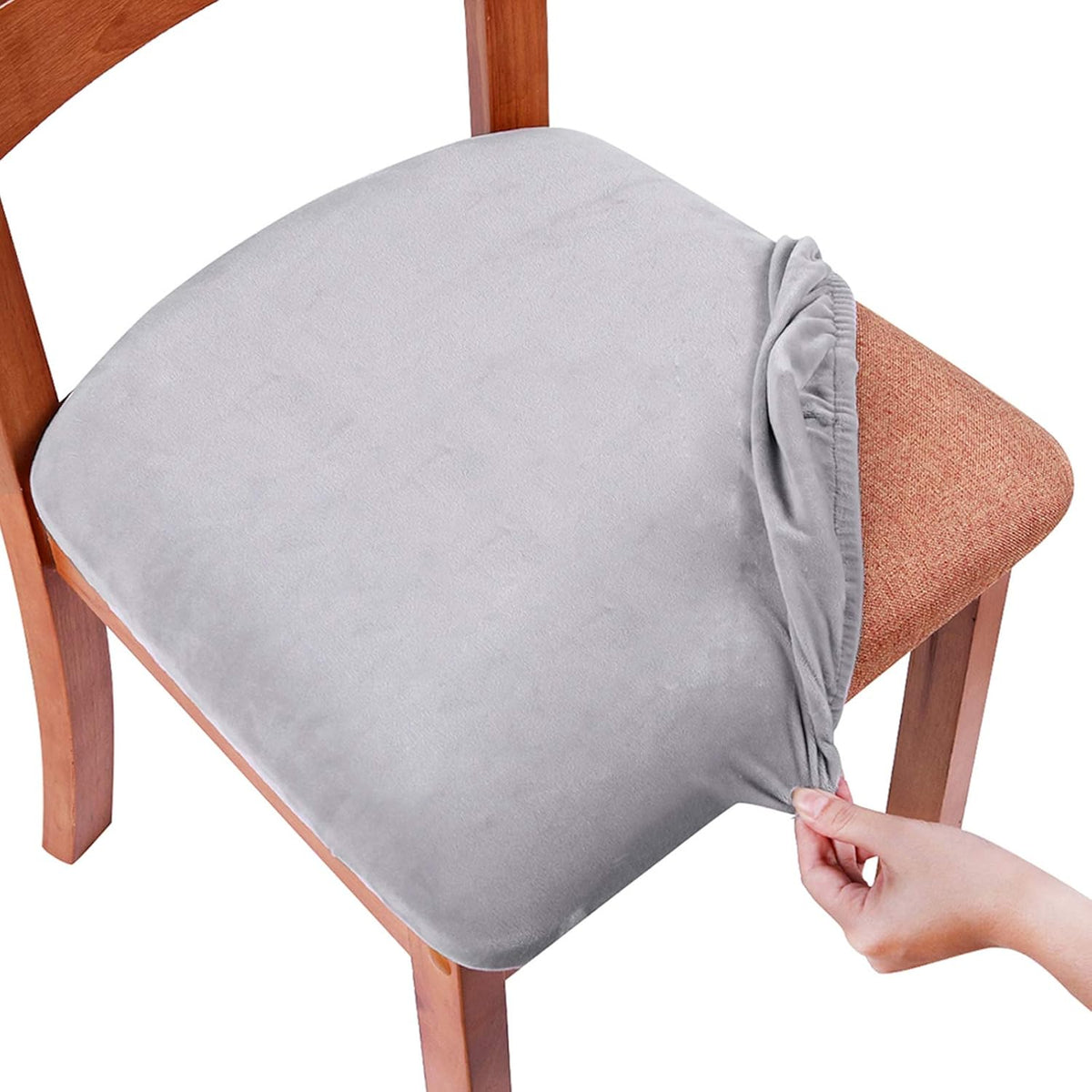 Smiry Velvet Seat Covers for Dining Room Chair Set of 2, Stretch Fit Removable Washable Chair Seat Cushion Protector Slipcovers with Ties, Light Grey