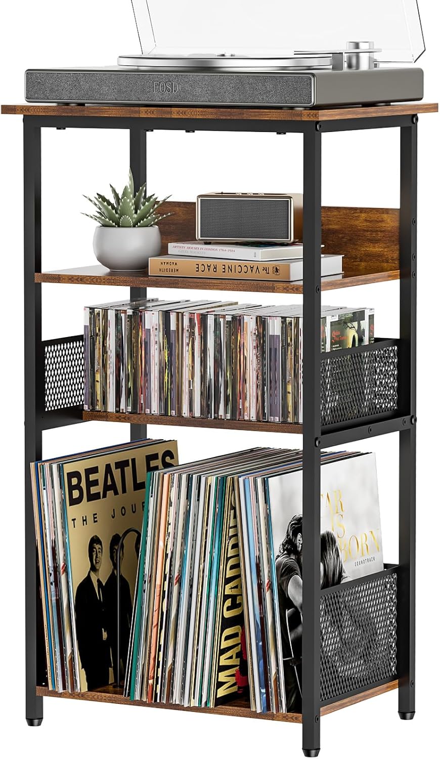 Record Player Stand with Storage Up to 100 Albums and 40 CDs, 4 Tier Vinyl Record Storage for Living Room, Turntable Stand with Record Holder & Display Shelf