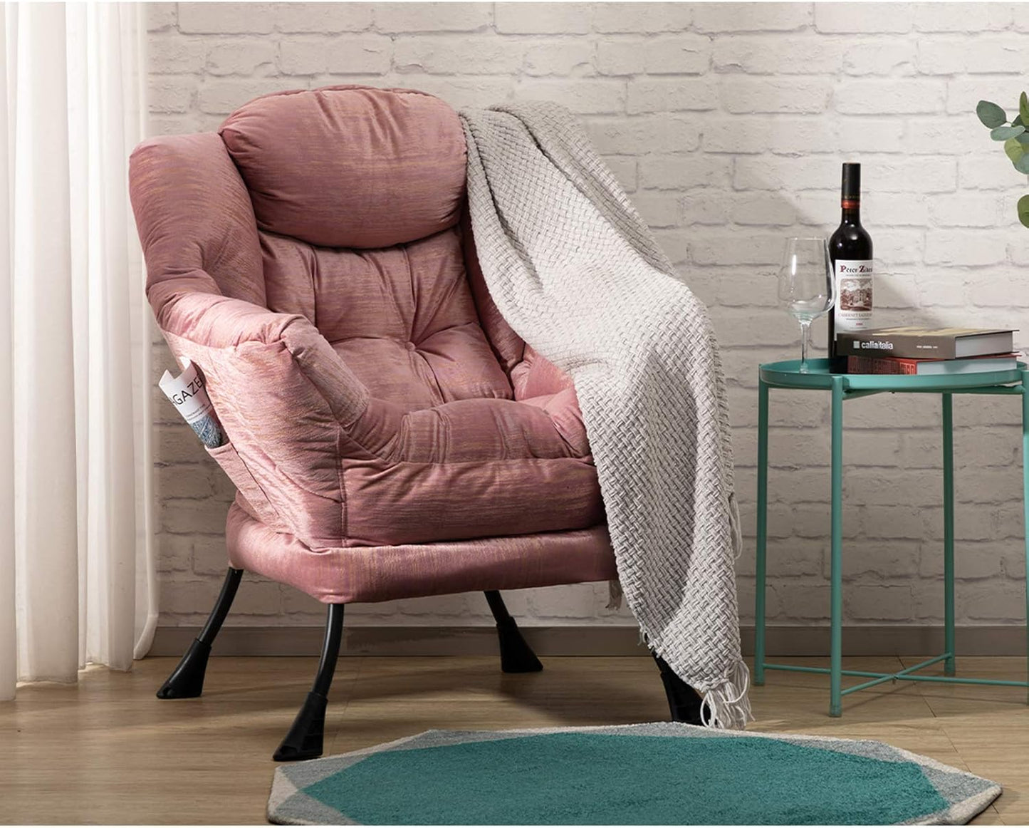 HollyHOME Modern Fabric Large Lazy Chair, Accent Oversized Comfy Reading Chair with Armrest, Thick Padded Cozy Lounge Sofa for Living Room, Bedroom, Dorm, Gilding Pink