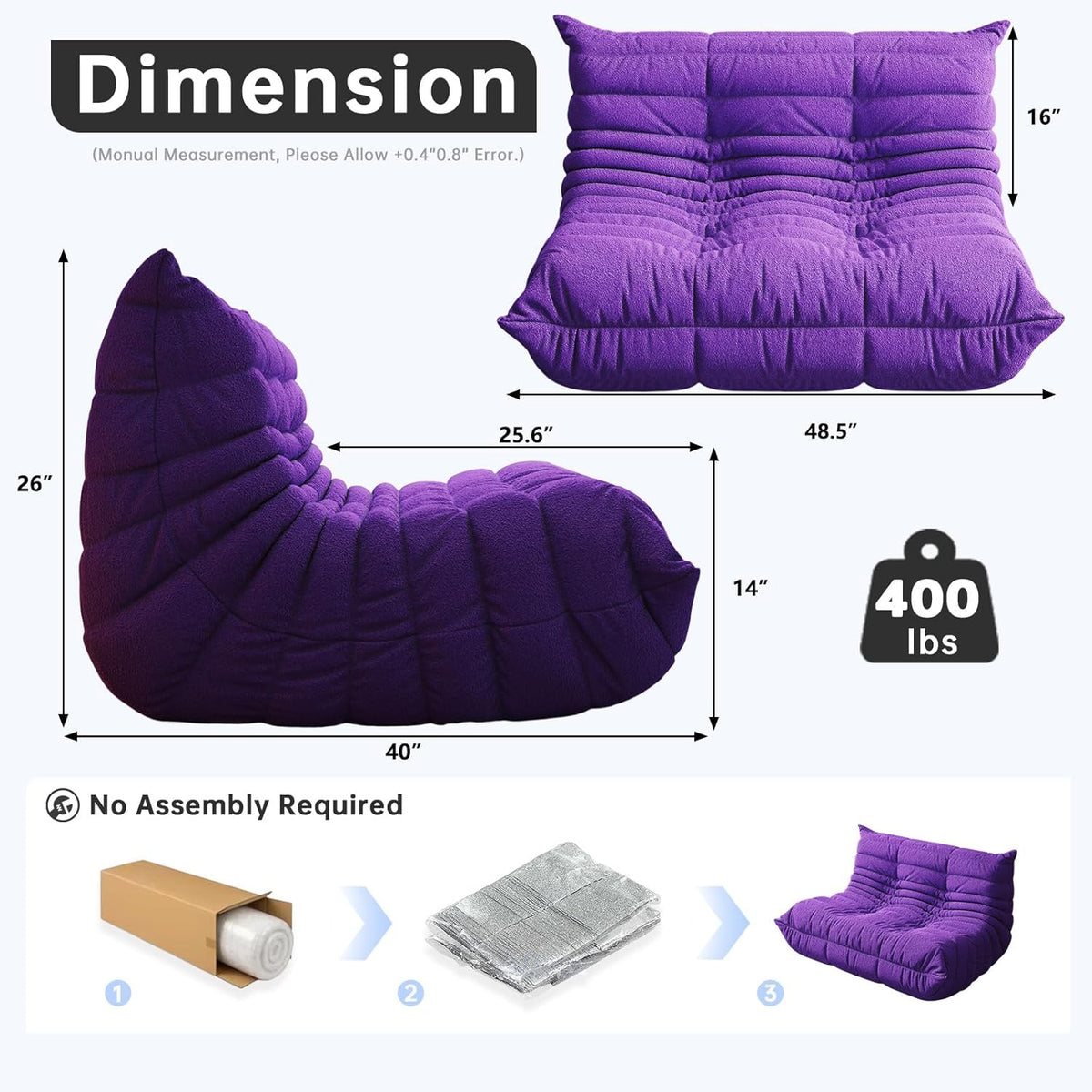 Bean Bag Chairs for Adults, Memory Foam Couch Loveseat Sofa Chair, Soft Teddy Material Cozy Comfy Reading Nook Chairs, Floor Chair for Living Room Bedroom Office(Purple)