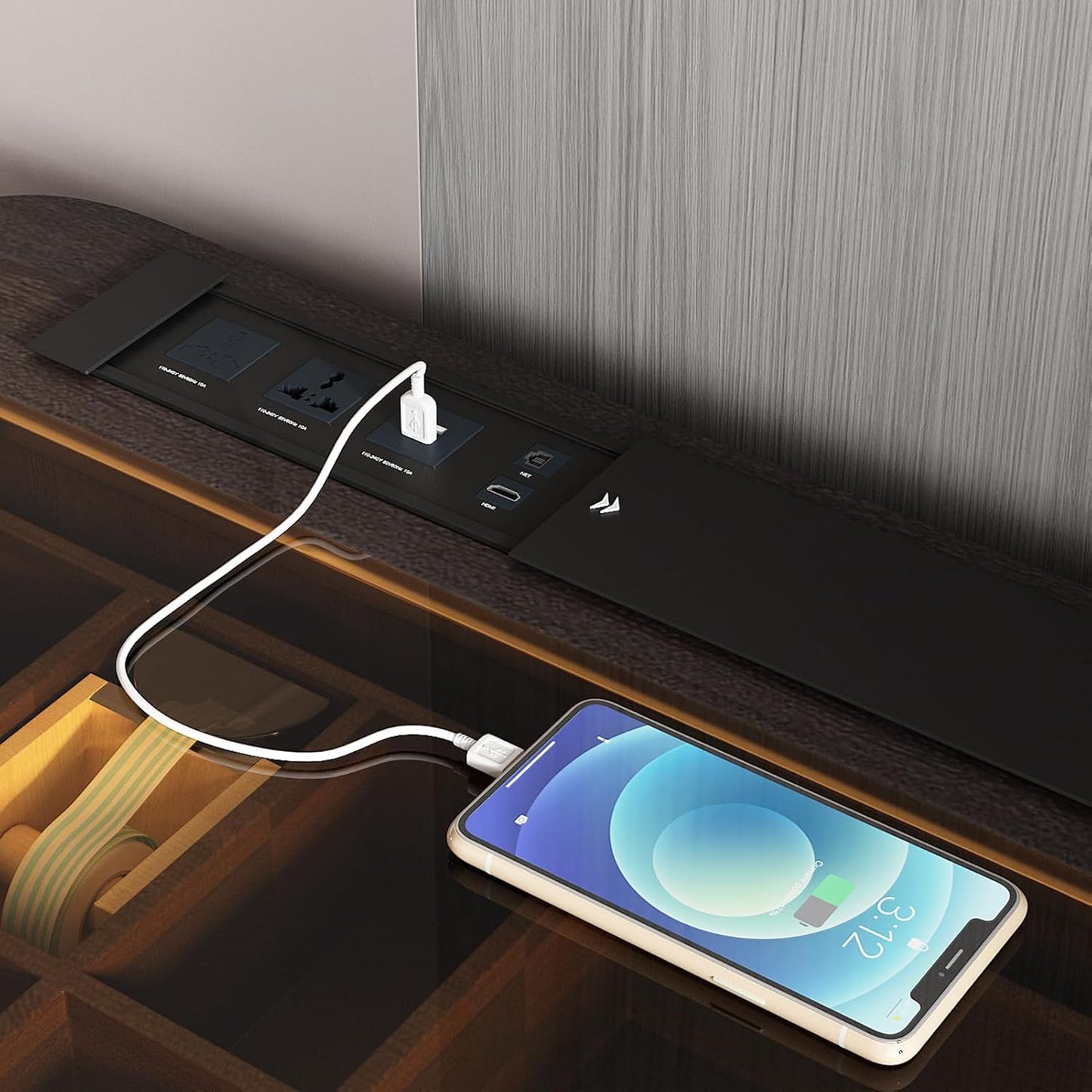 Lartis Modern Office Desk with Drawers,Glass Top Makeup Vanity Without Mirror Built-in USB Outlet Dressing Table Home Office Desk with Intelligent Socket,Very Easy to Assemble
