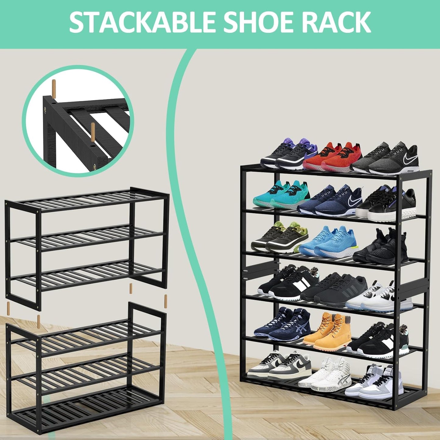 Bamboo Shoe Rack for Entryway, Stackable 3 Tier Shoe Organizer Shelf Storage 9-12 Pairs Shoes Stand Cubby for Closet Door Hallway Bedroom Garage Black, Thanksgiving