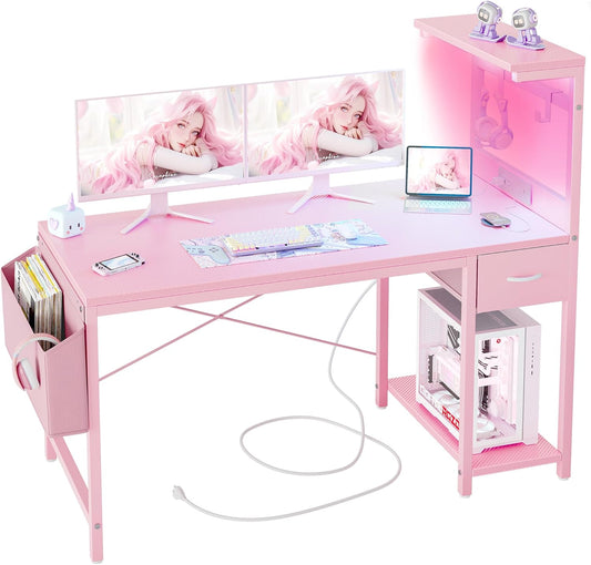 TIQLAB Gaming Desk 55 inch with Power Outlet and LED Light, Computer Desk with Reversible Shelves and Storage Drawer, Small PC Desk for Home Office Table with Bag, Carbon Fiber Pink