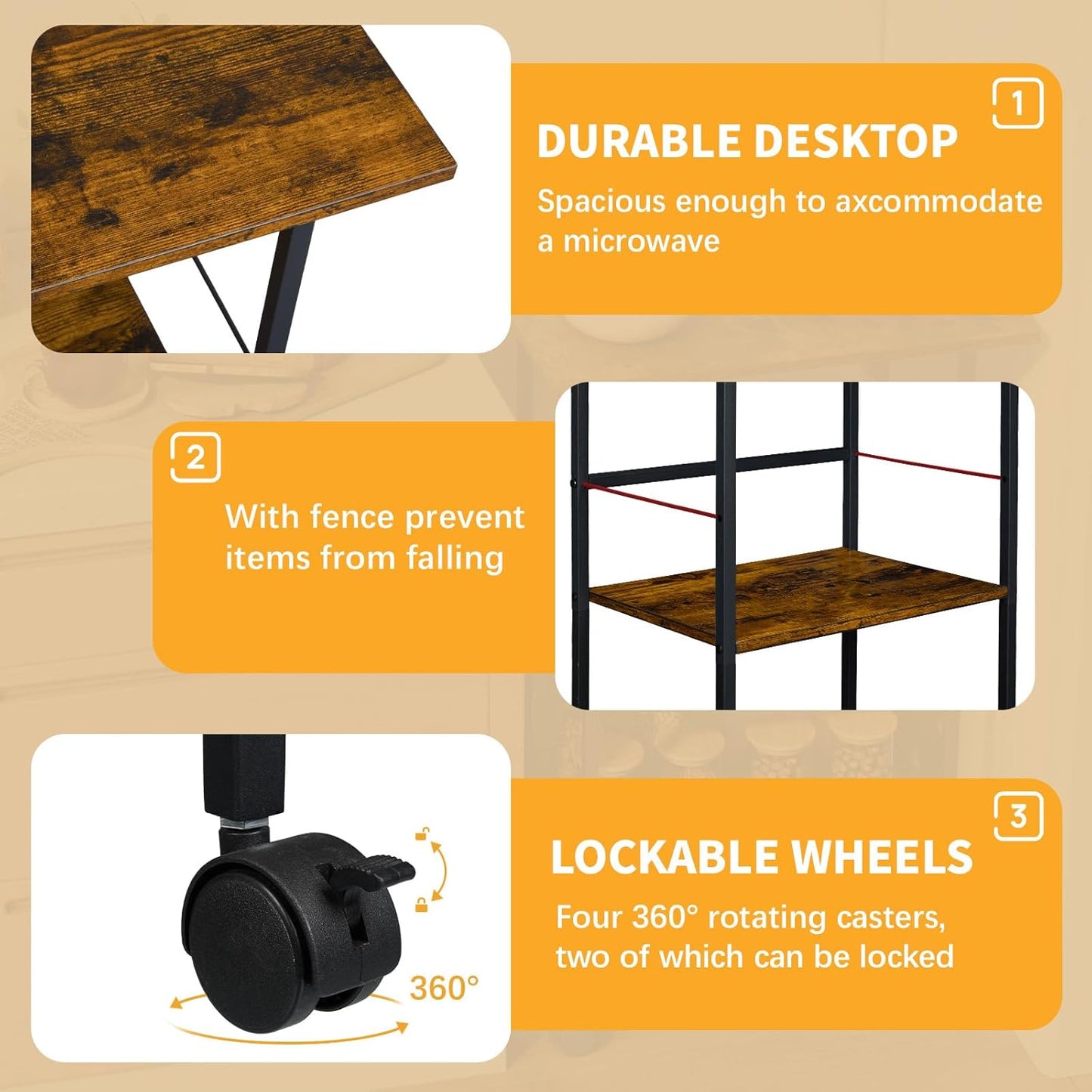 Microwave Cart with Storage, 3-Tier Rolling Kitchen Stand with Wire Basket, Wood and Metal Utility Cart on Wheels, Coffee Bar Station, Small Baker’s Rack As Kitchen Island, Microwave Shelf Organizer