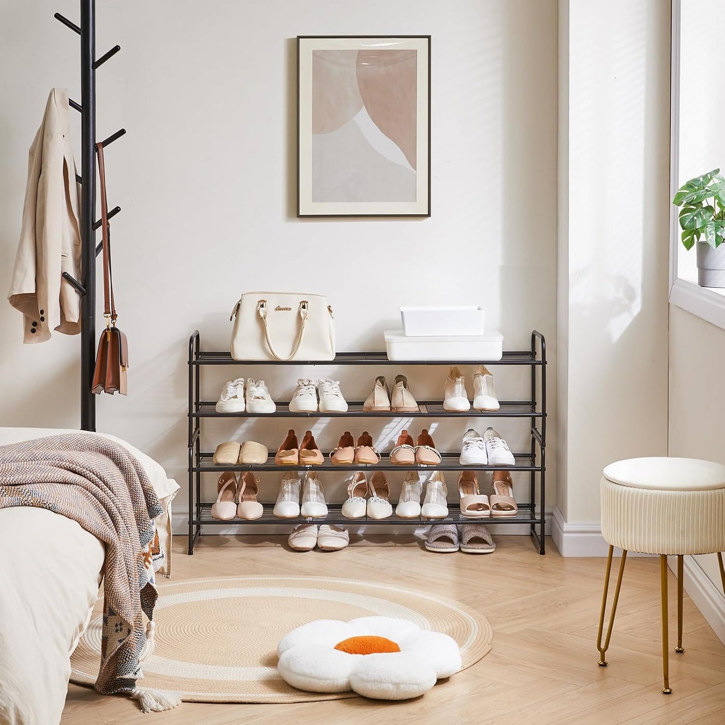 YMYNY Freestanding Shoe Racks, 2 Tiers Stackable & Adjustable Shoe Storage Shelf, Extra Large Capacity Shoe Organizer Stand for 12-18 Pairs, for Entryway, Closet, Bedroom, Black, 42.9" L, UHXJ303B