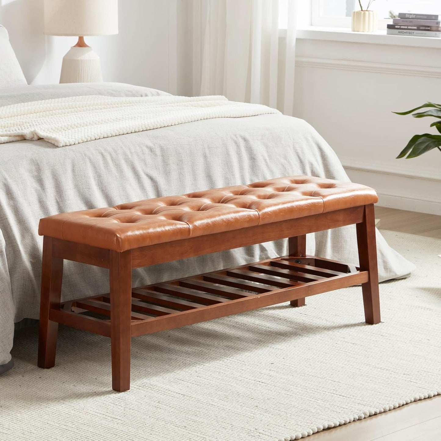 Upholstered Shoe Bench Entryway Bench for Bedroom, End of Bed, Ottoman Bench Tufted Padded Seat with Solid Wood Shelf for Living Room, Faux Leather Cognac Brown