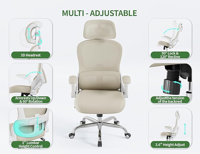 Office Chair - Ergonomic Desk Chair with Adjustable Headrest Lumbar Support Computer Chair - Mesh Comfy Chairs with Flip-up Armrests - Big and Tall Gaming Chairs for Adults Home Office(Beige)
