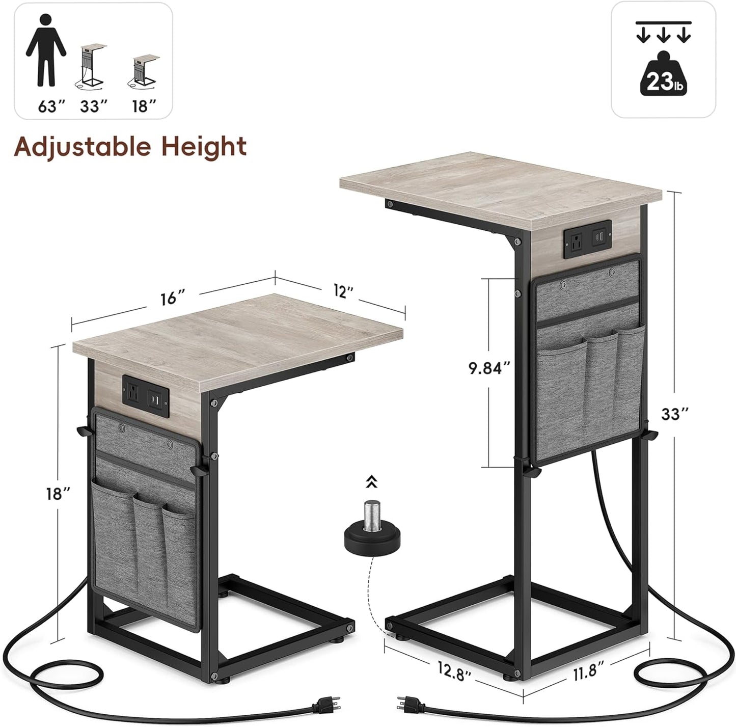 VAGUSICC C Shaped End Table with Charging Station, Adjustable Height Side Table for Couch Recliner, Small Sofa Table with Storage Bag, Slide Under Sofa TV Tray Arm Table for Living Room, Bedroom, Gray