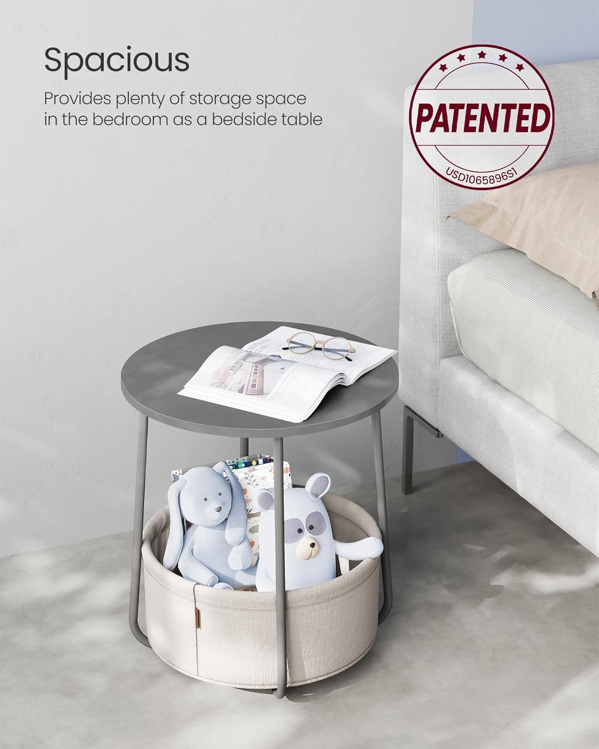 VASAGLE Small Round Side End Table, Modern Nightstand with Fabric Basket, Cement Gray and Cream White ULET223G49