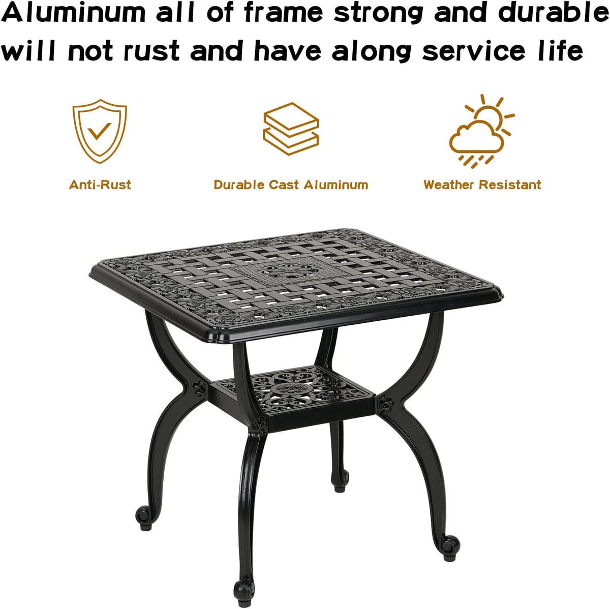 JARDIN DE CENTENNIAL Cast Aluminum Outdoor Side Table,Anti-Rust Outdoor End Table,Patio Coffee Bistro Table for Indoor,Garden,Porch,Balcony(Square Black)