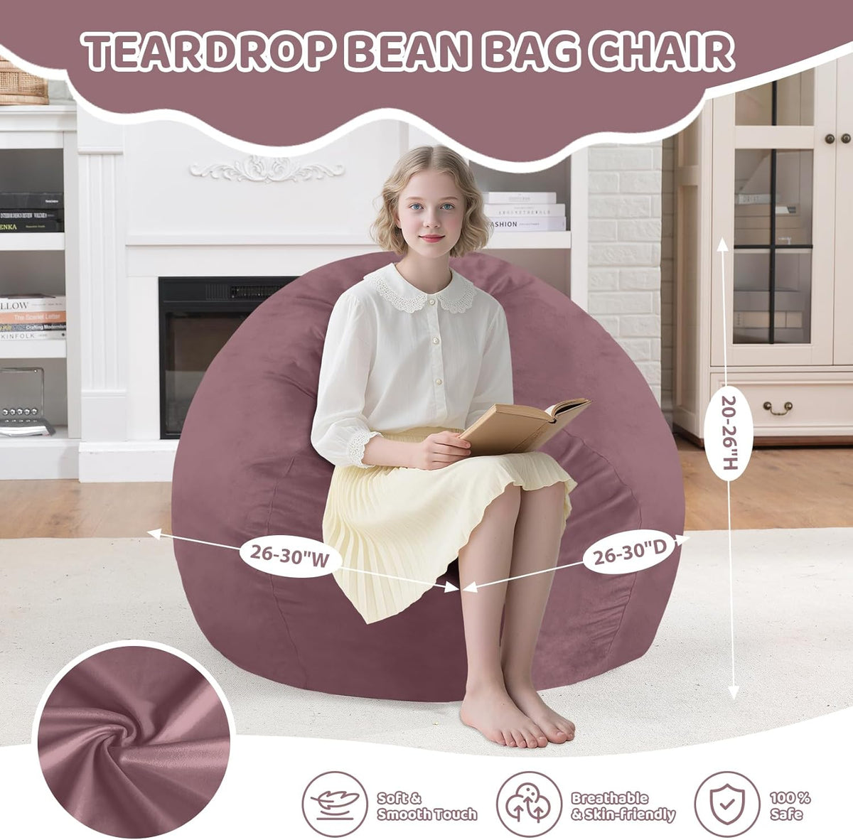 2FT Bean Bag Chair, Comfy Bean Bag Chairs with Memory Foam Filled, Fluffy Beanbag Sofa with Dutch Velvet Cover,Teardrop BeanBag Chairs for Living Room, Playroom - Dusty Pink
