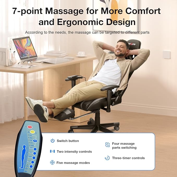 Douxlife 7-Point Massage Gaming Chair, 175° Gaming Recliner with Footrest Ergonomic Computer Office Chair High Back Video Game Chair with Lumbar Support, Upgraded Versio Grey