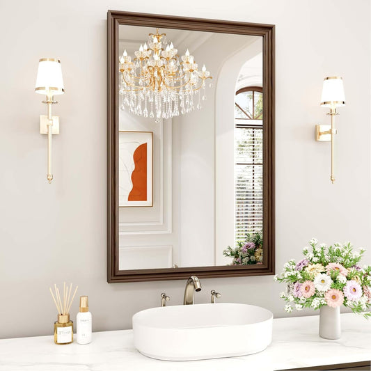 WEER Retro Copper Bathroom Mirror, 24x36 Inch Bronze Oil Rubbed Framed Mirror, Rectangle Classic Vintage Framed Wall Mirror, Farmhouse Vanity Mirror, Tempered Glass, Vertically or Horizontally