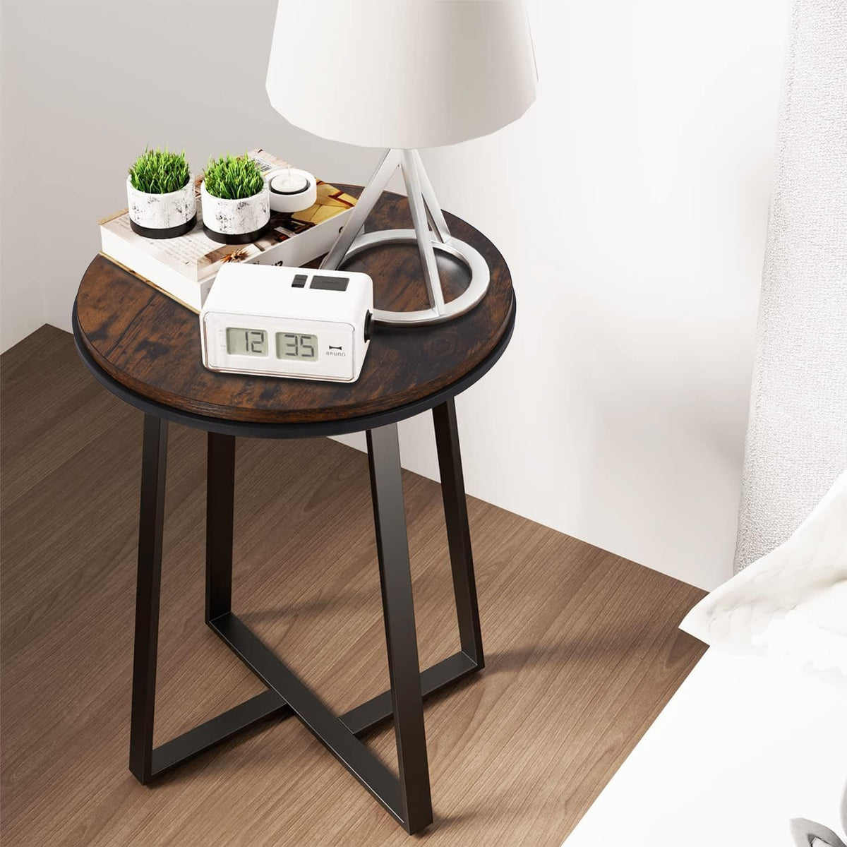 Side Table, Round End Table Vintage Brown Color MDF Top, Modern Coffee End Table for Living Room, Bedroom, Nightstand with Black Steel Frame for Small Spaces