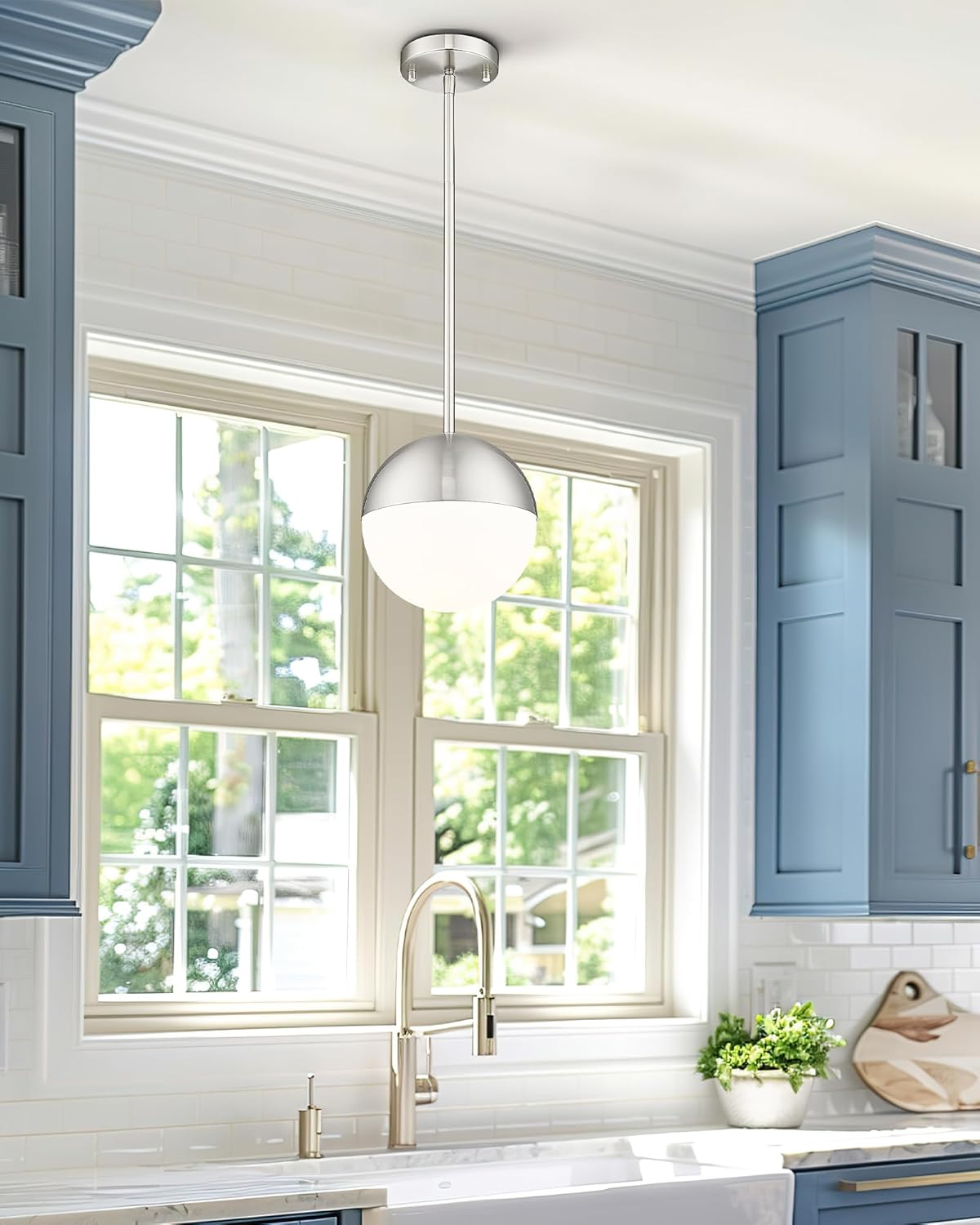 LMS Brushed Nickel Pendant Lights Kitchen Island, 8" Modern Globe Pendant Light Fixtures with Milk White Glass, Adjustable Hanging Lighting for Kitchen Island Sink Bedroom Bathroom, LMS-203